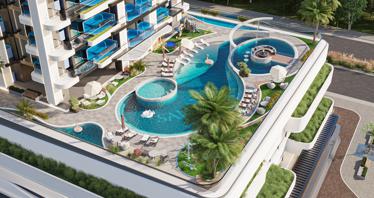 Современные апартаменты с частными бассейнами, в многоэтажном жилом комплексе с развитой инфраструктурой, JVC, Дубай, ОАЭ